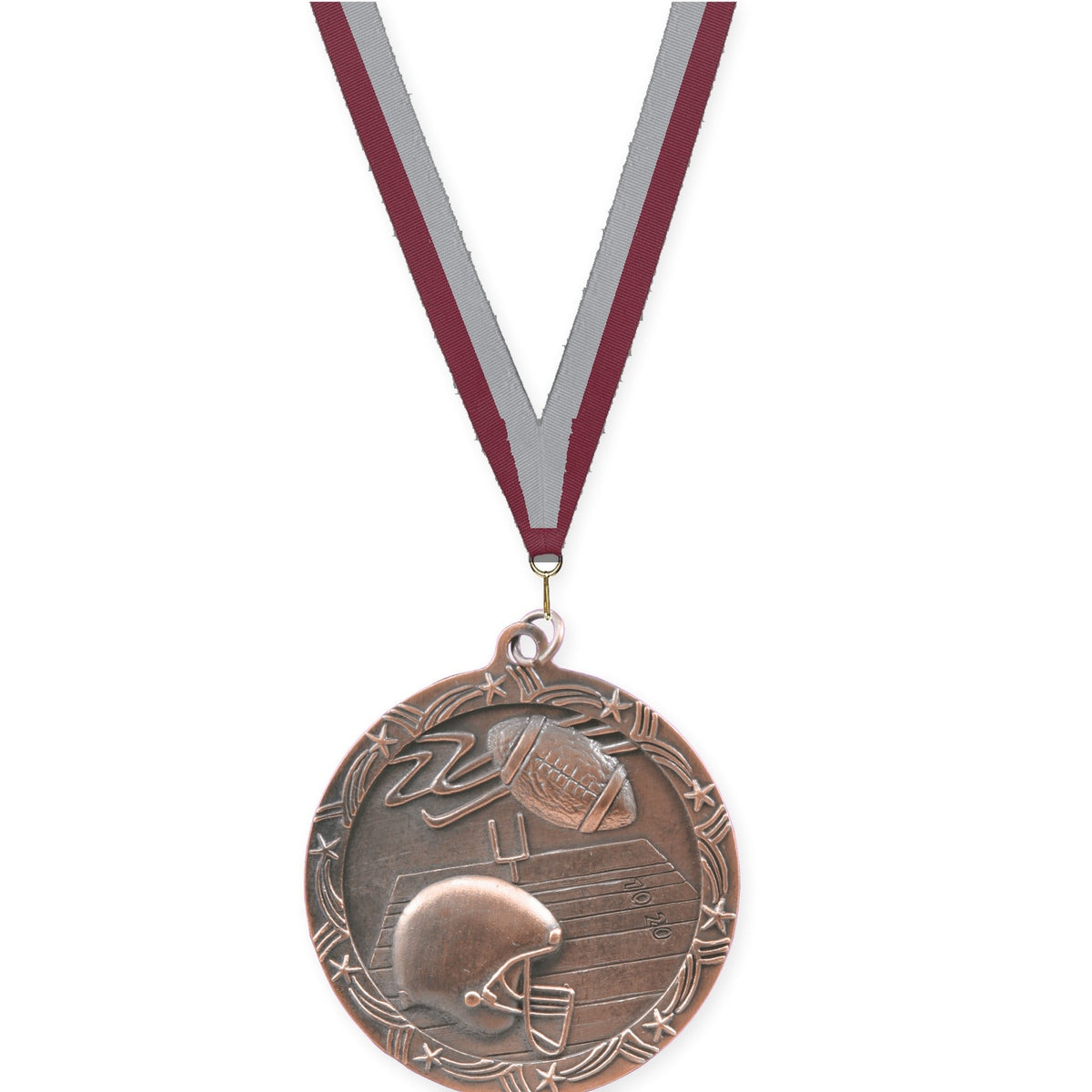 2 1/2 inch football Shooting Star medal in antique bronze with Maroon Gray neck ribbon