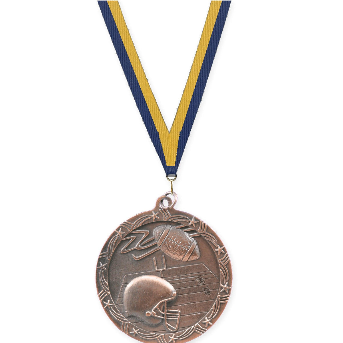 2 1/2 inch football Shooting Star medal in antique bronze with Navy Gold neck ribbon