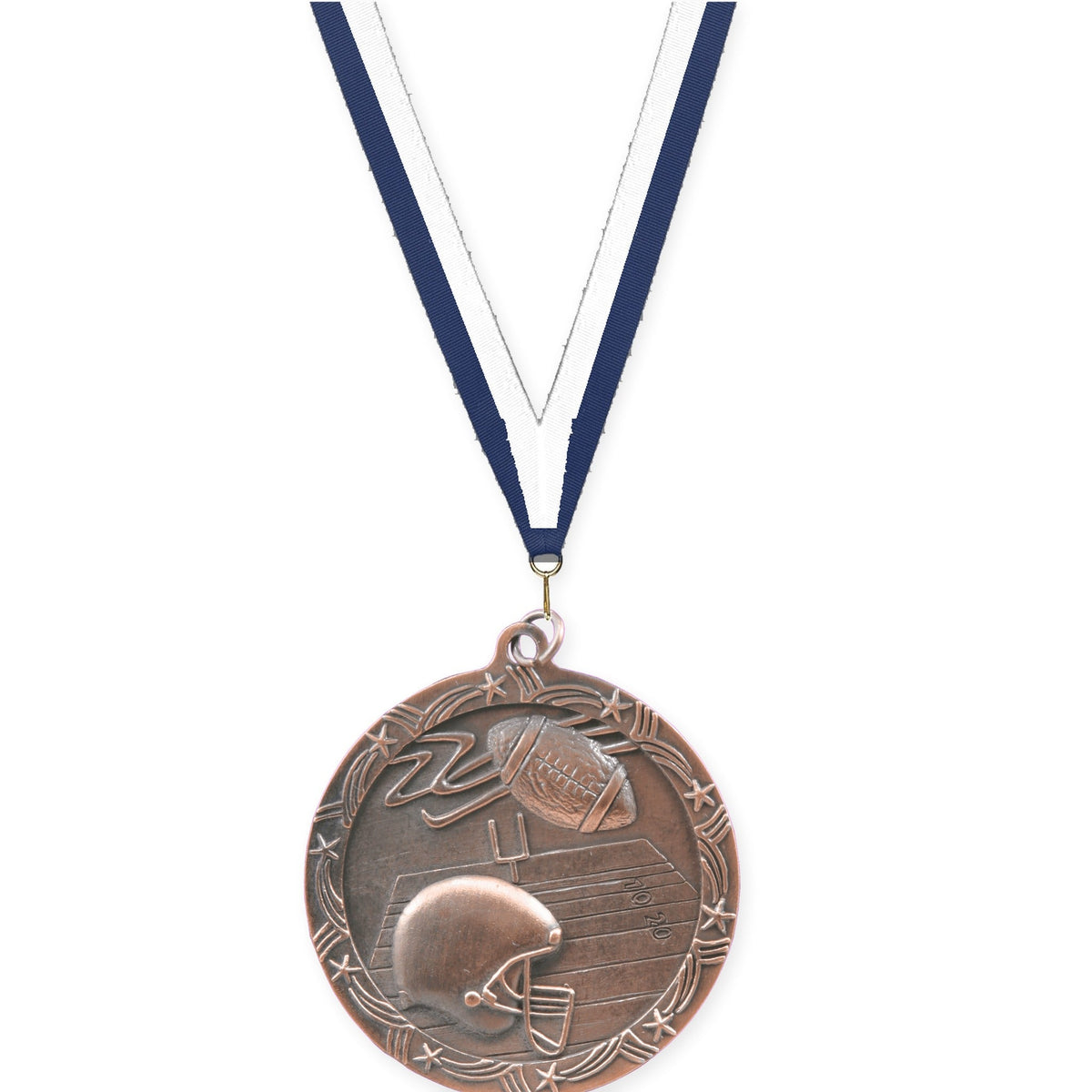 2 1/2 inch football Shooting Star medal in antique bronze with Navy White neck ribbon