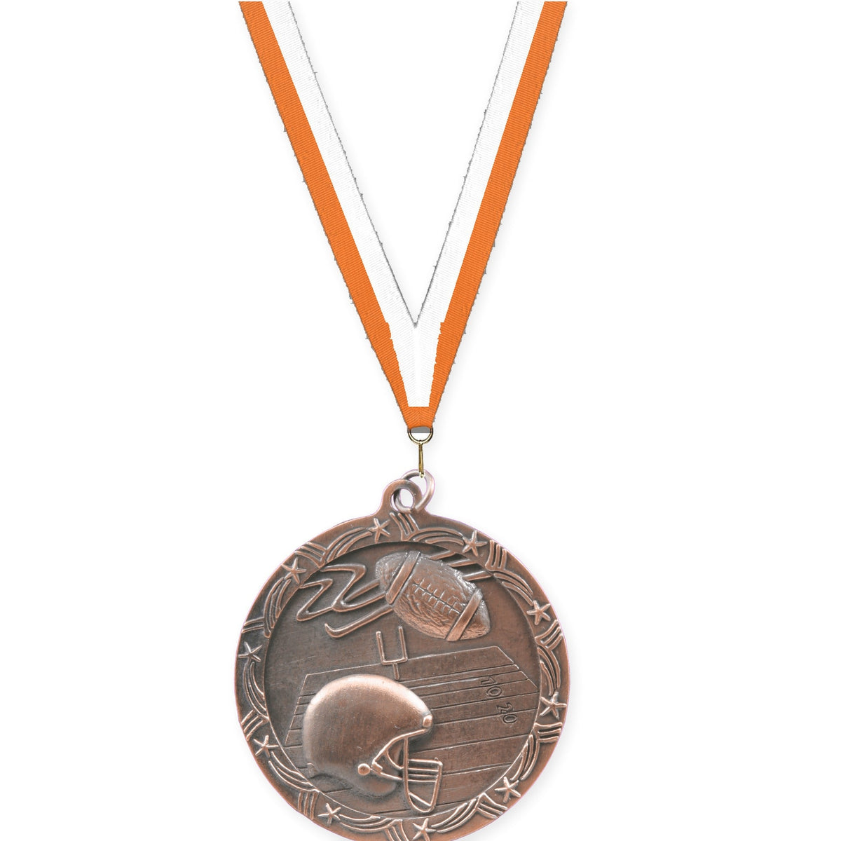 2 1/2 inch football Shooting Star medal in antique bronze with Orange White neck ribbon