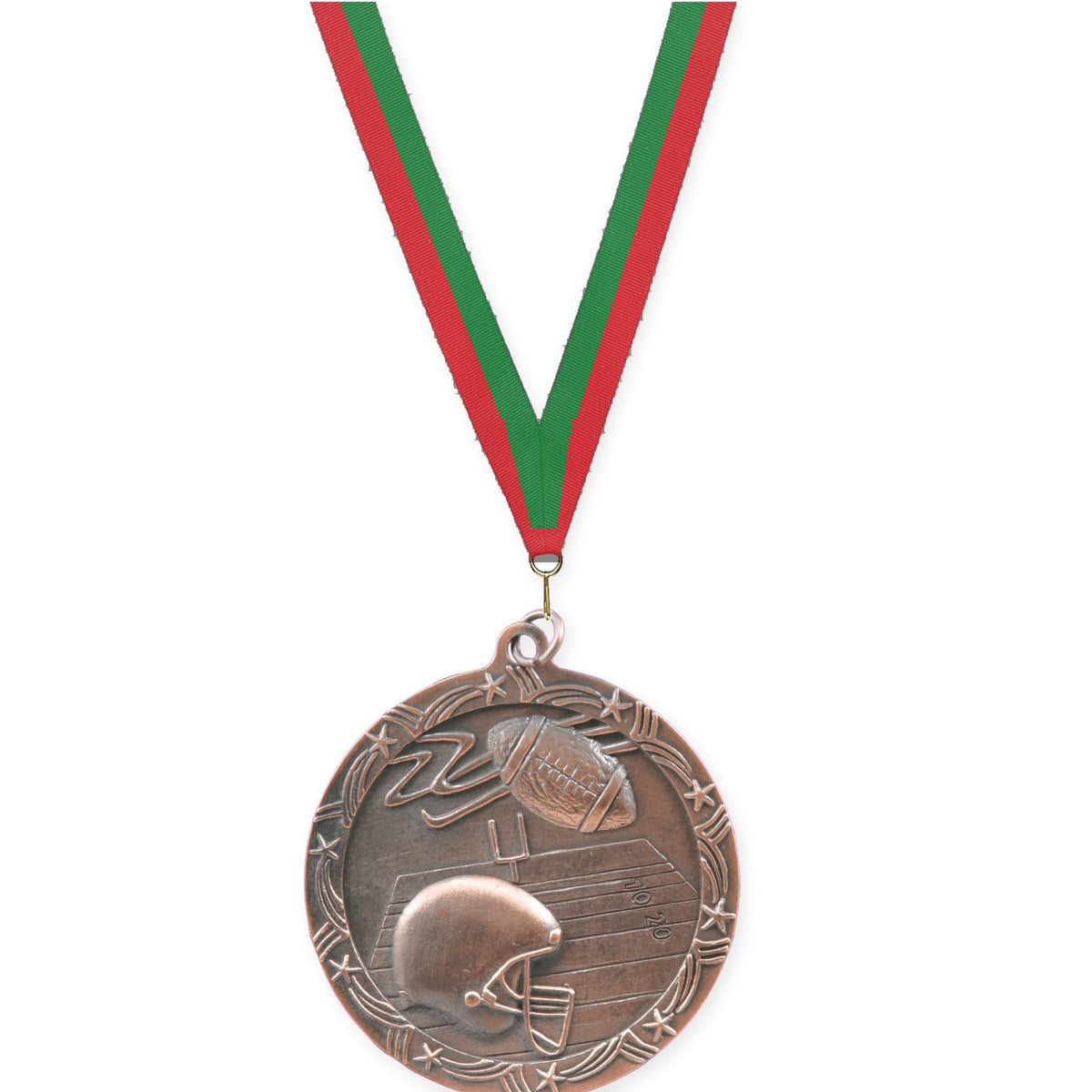 2 1/2 inch football Shooting Star medal in antique bronze with Red Green neck ribbon