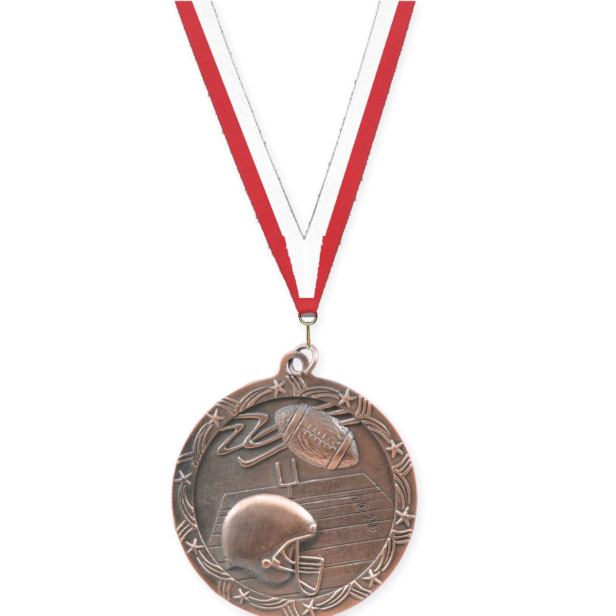 2 1/2 inch football Shooting Star medal in antique bronze with Red White neck ribbon