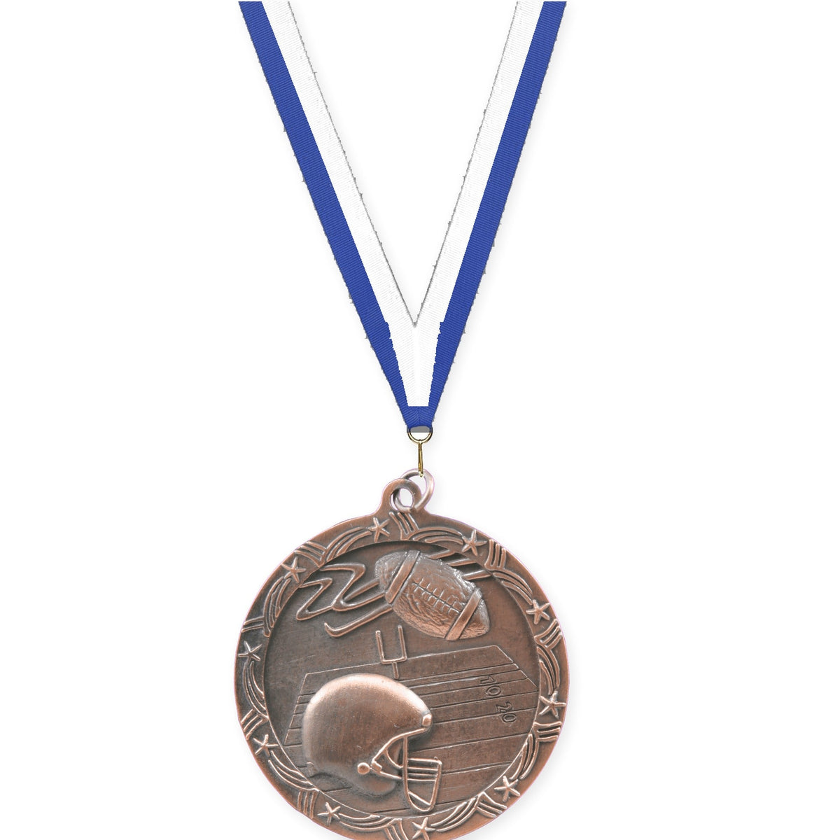 2 1/2 inch football Shooting Star medal in antique bronze with Blue White neck ribbon