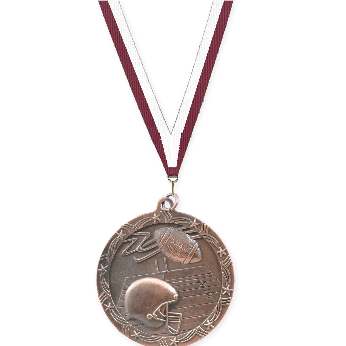 2 1/2 inch football Shooting Star medal in antique bronze with Maroon White neck ribbon