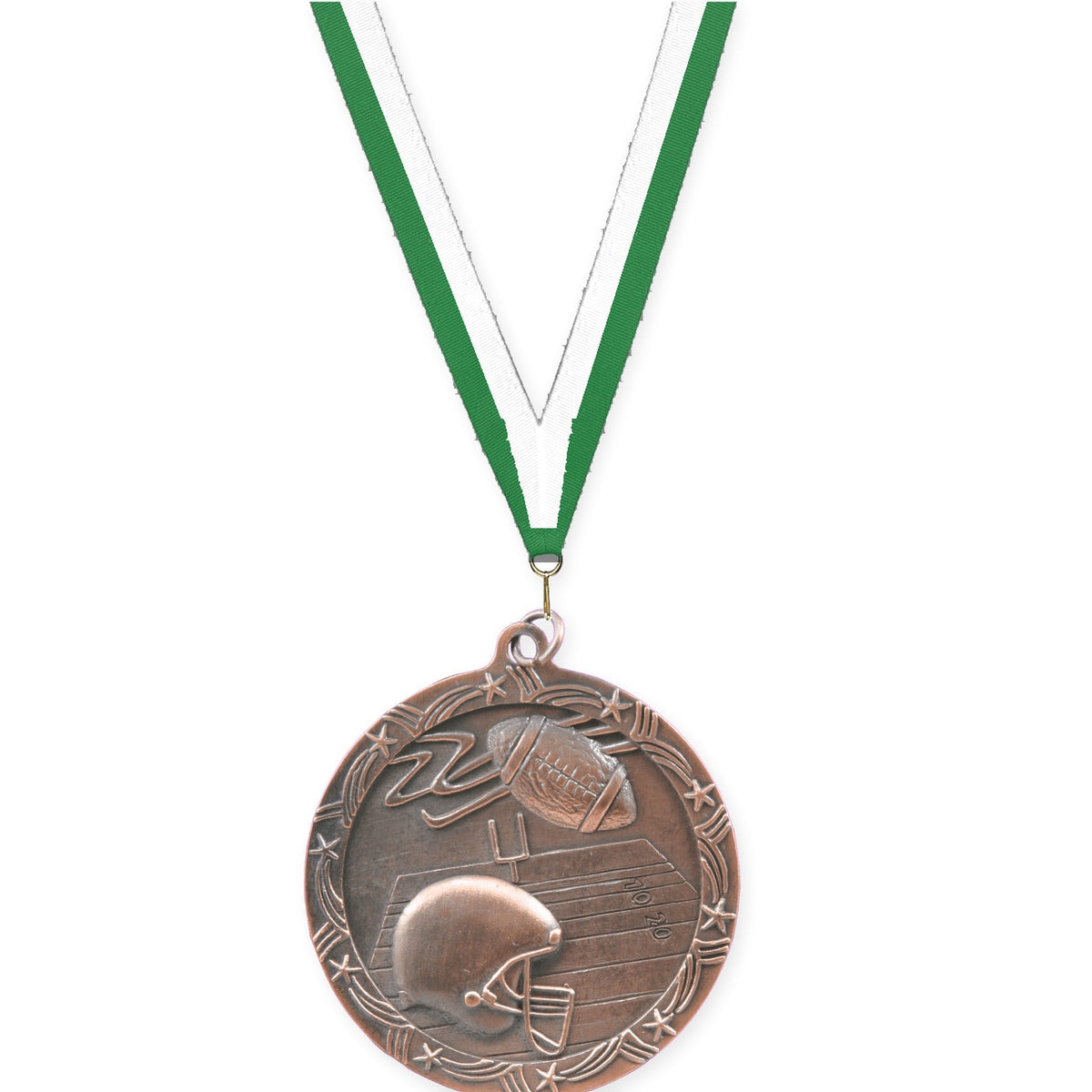2 1/2 inch football Shooting Star medal in antique bronze with Green White neck ribbon