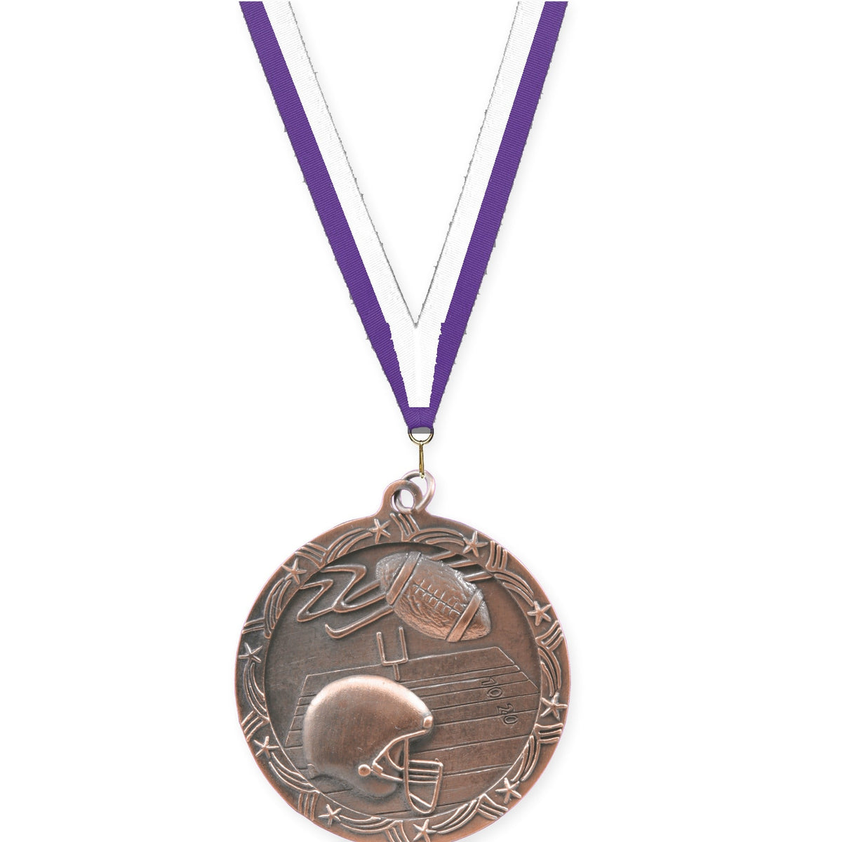 2 1/2 inch football Shooting Star medal in antique bronze with Purple White neck ribbon