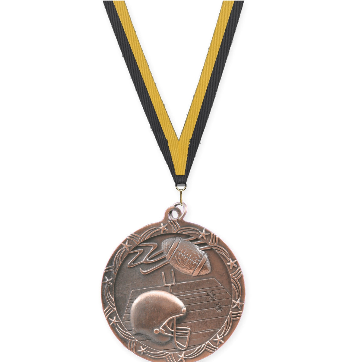 2 1/2 inch football Shooting Star medal in antique bronze with Black Gold neck ribbon