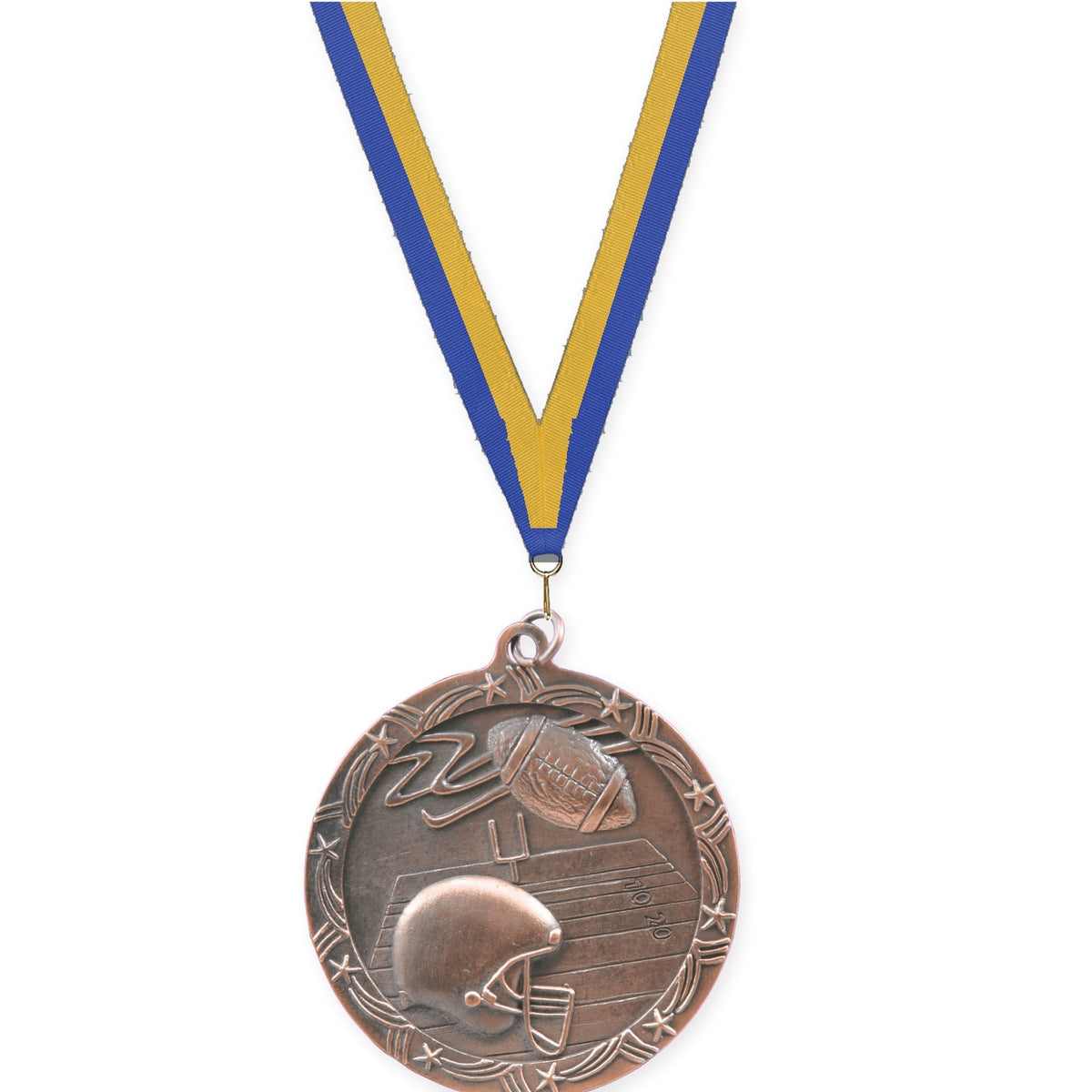 2 1/2 inch football Shooting Star medal in antique bronze with Blue Gold neck ribbon