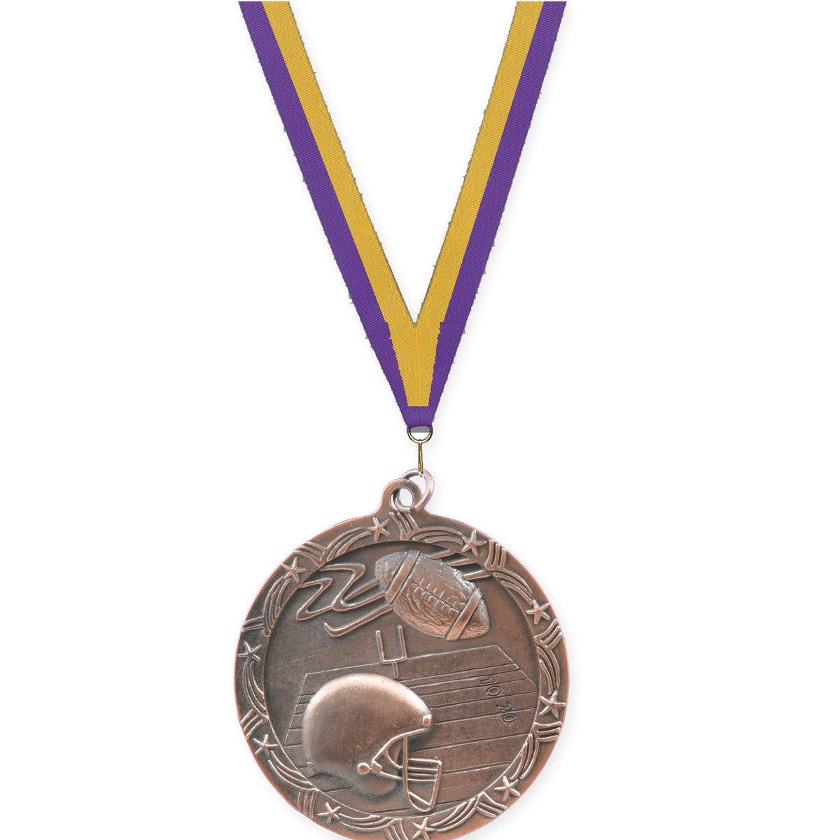 2 1/2 inch football Shooting Star medal in antique bronze with Purple Gold neck ribbon