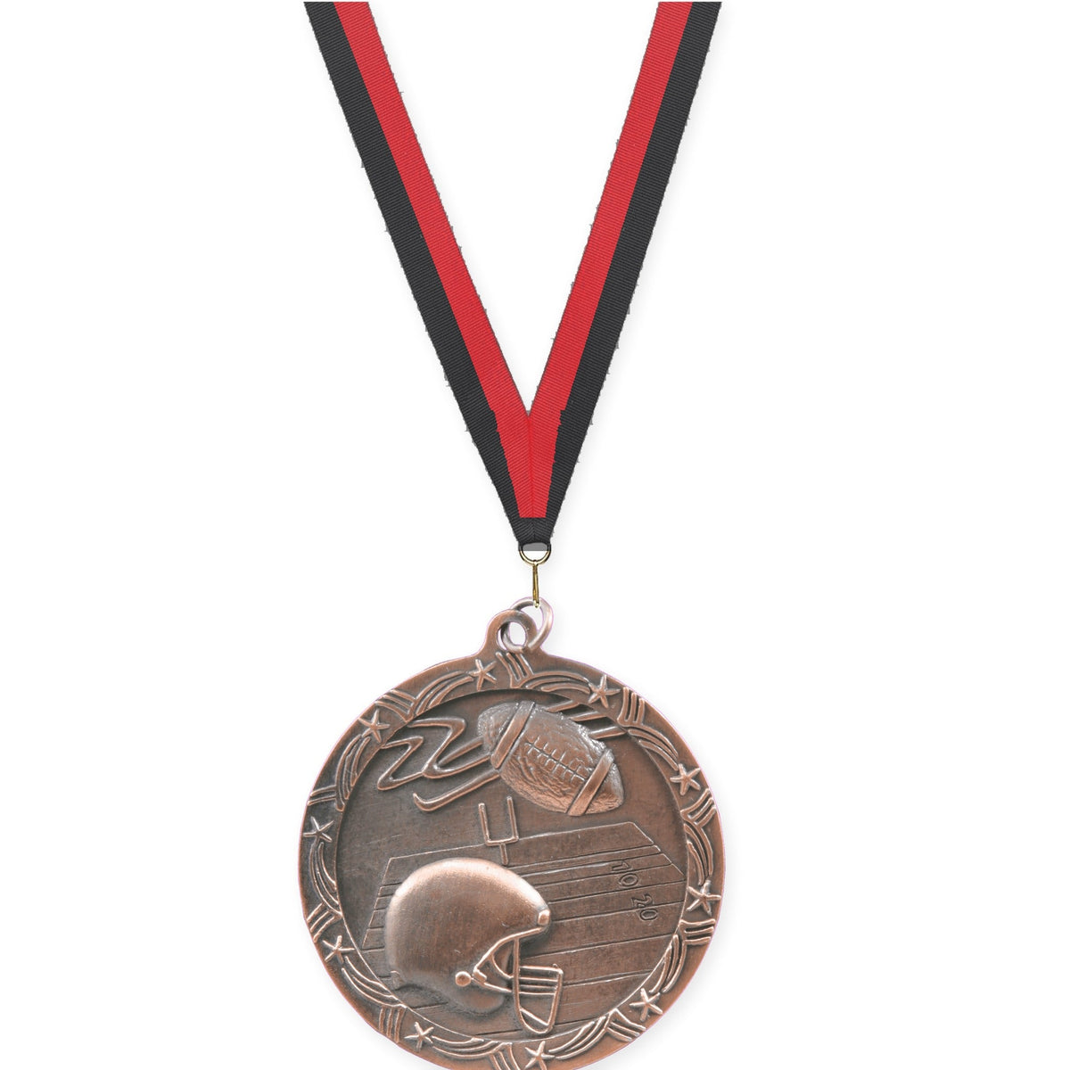2 1/2 inch football Shooting Star medal in antique bronze with Black Red neck ribbon