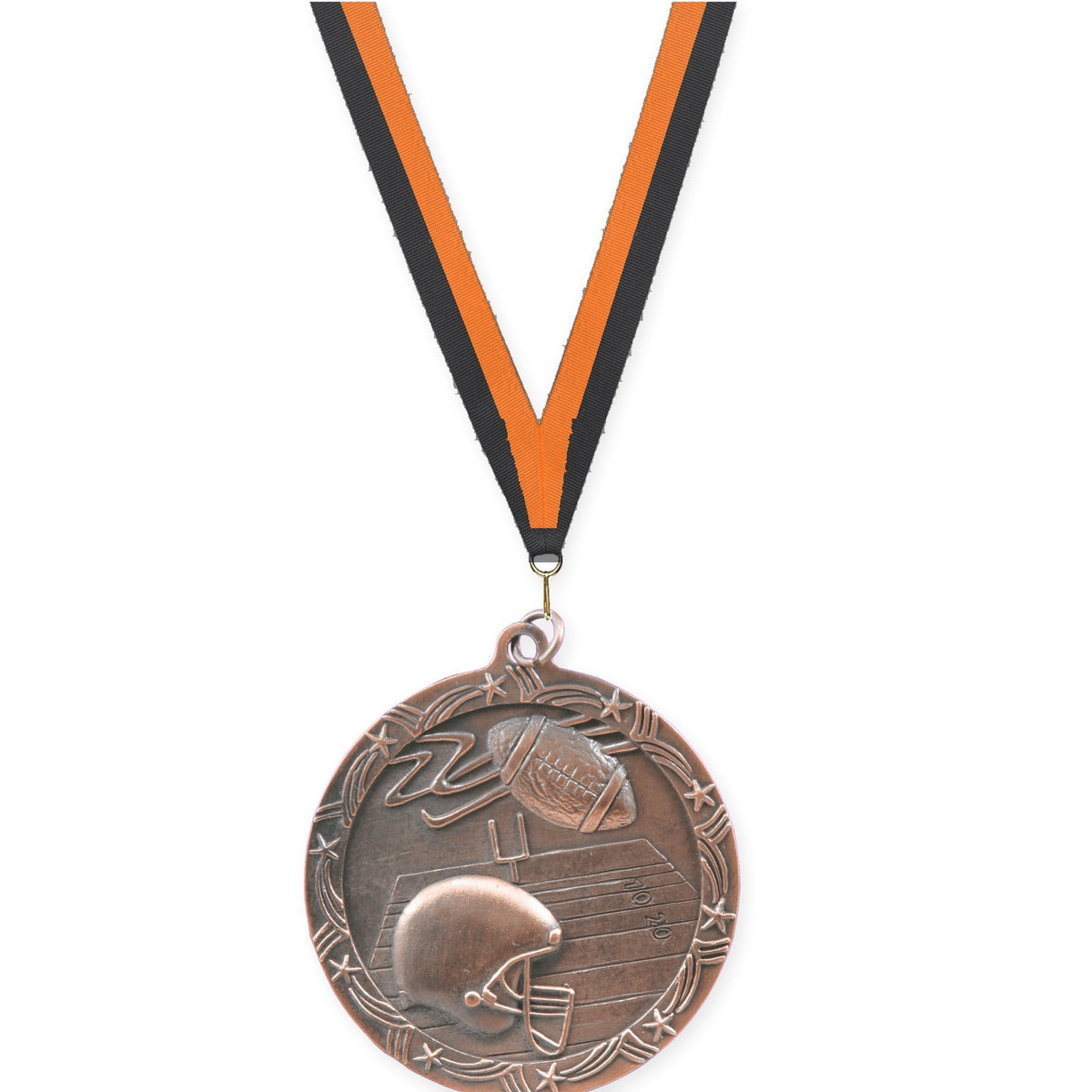 2 1/2 inch football Shooting Star medal in antique bronze with Black Orange neck ribbon