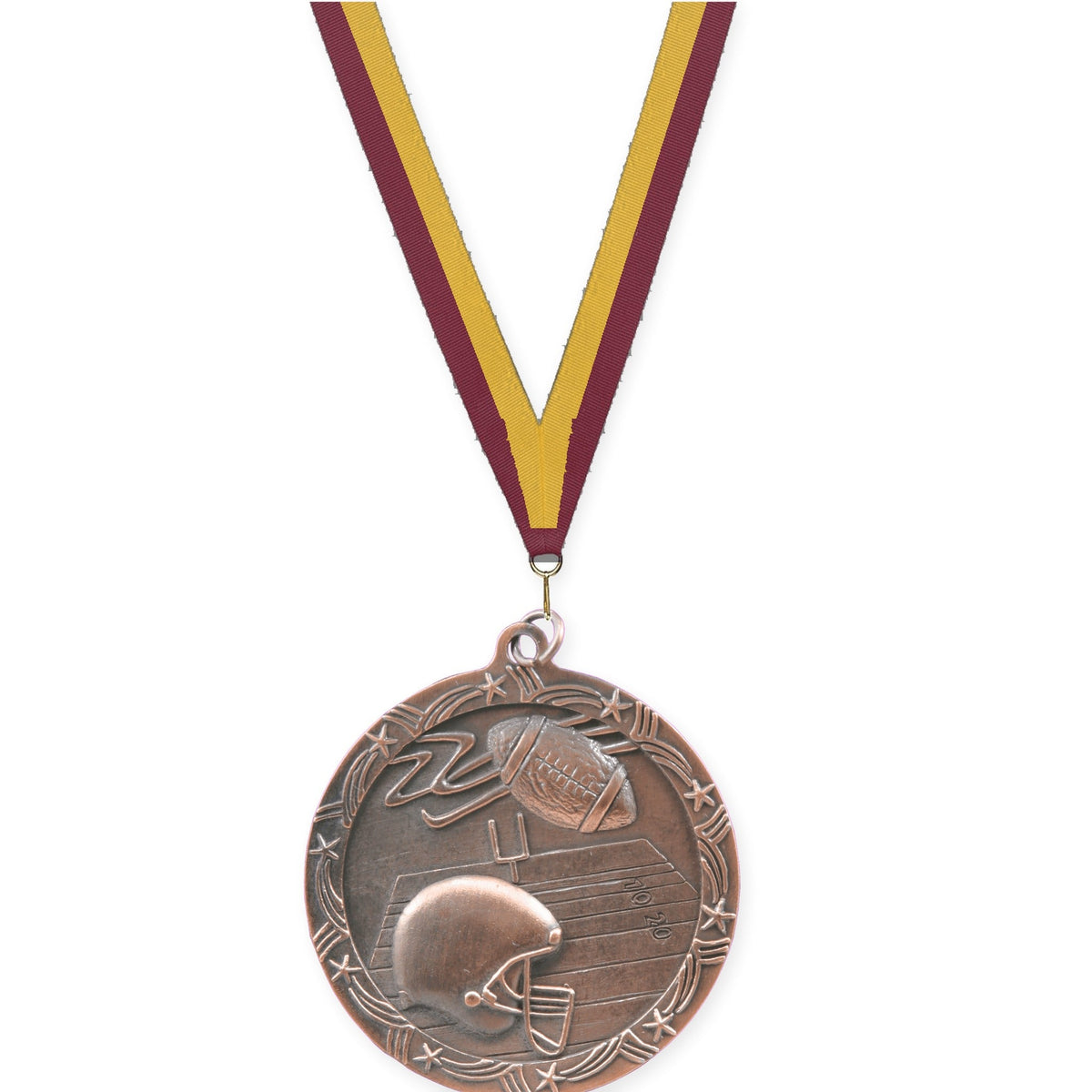 2 1/2 inch football Shooting Star medal in antique bronze with Maroon Gold neck ribbon