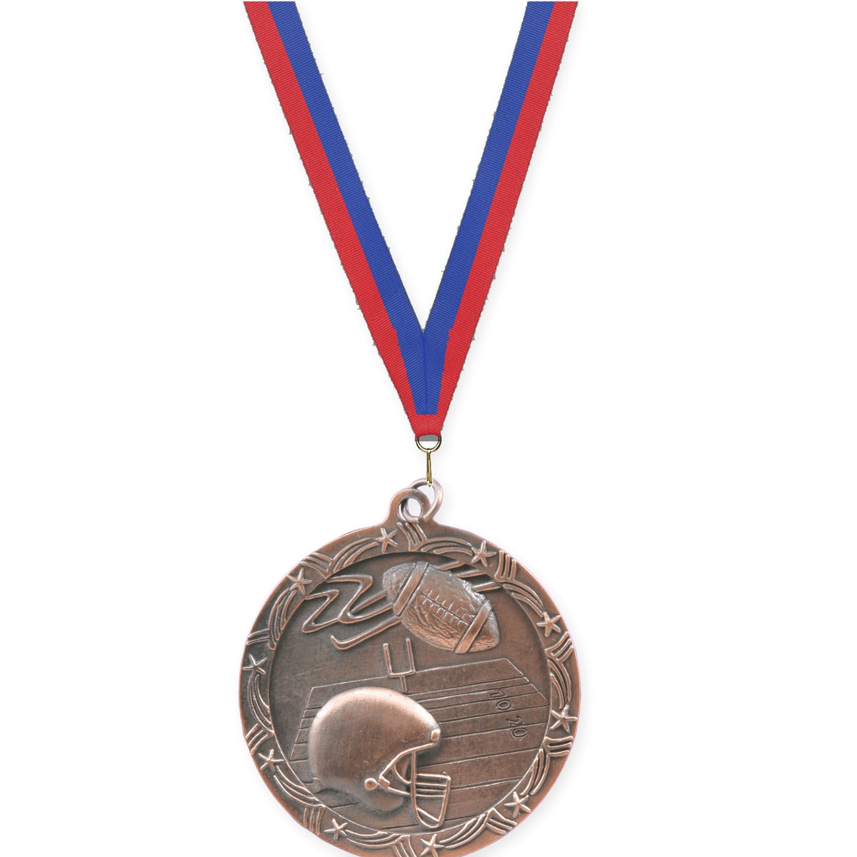 2 1/2 inch football Shooting Star medal in antique bronze with Blue Red neck ribbon