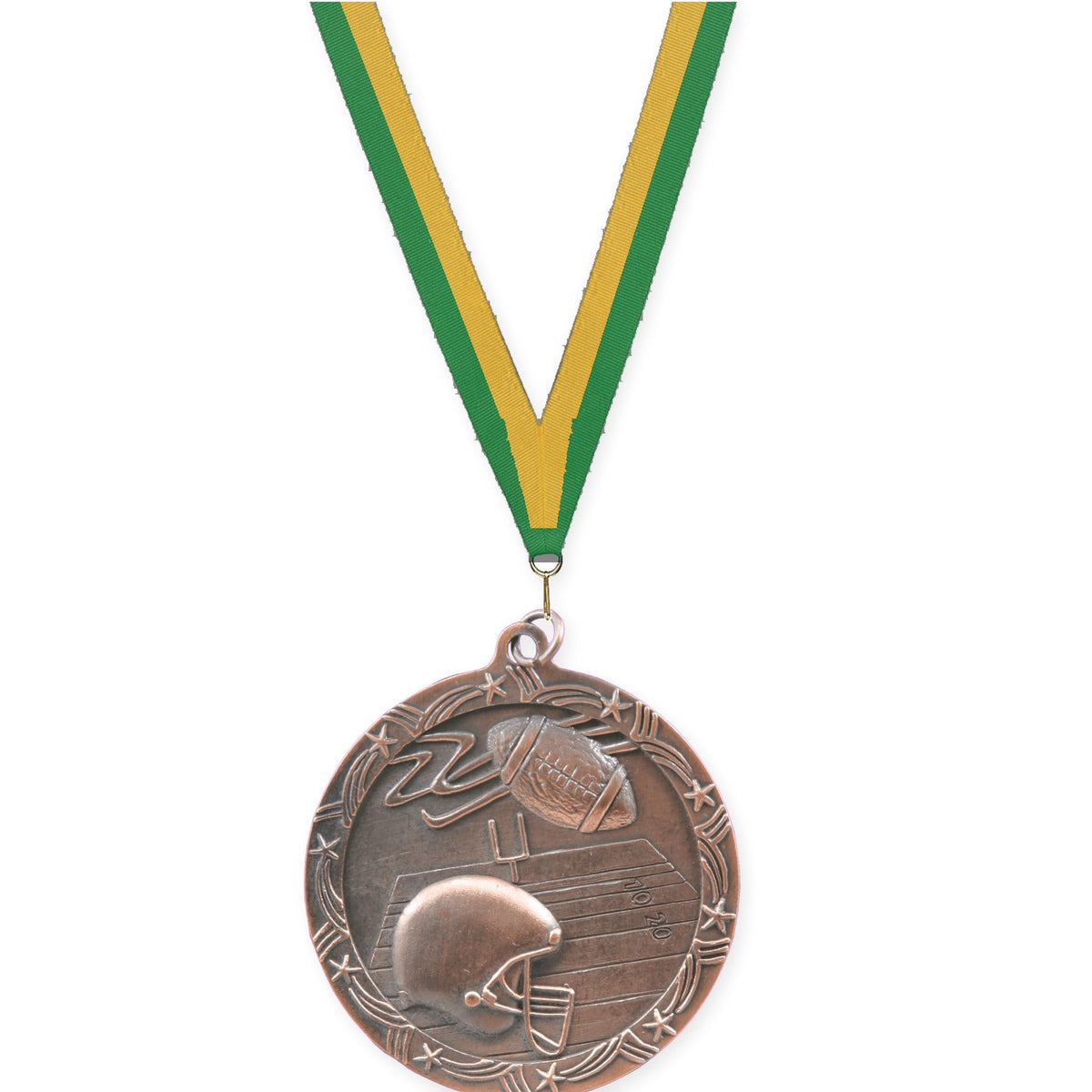 2 1/2 inch football Shooting Star medal in antique bronze with Green Gold neck ribbon