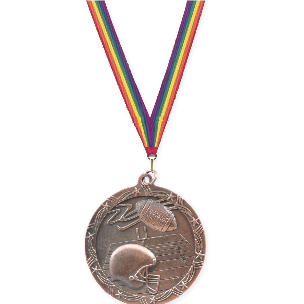 2 1/2 inch football Shooting Star medal in antique bronze with Rainbow neck ribbon
