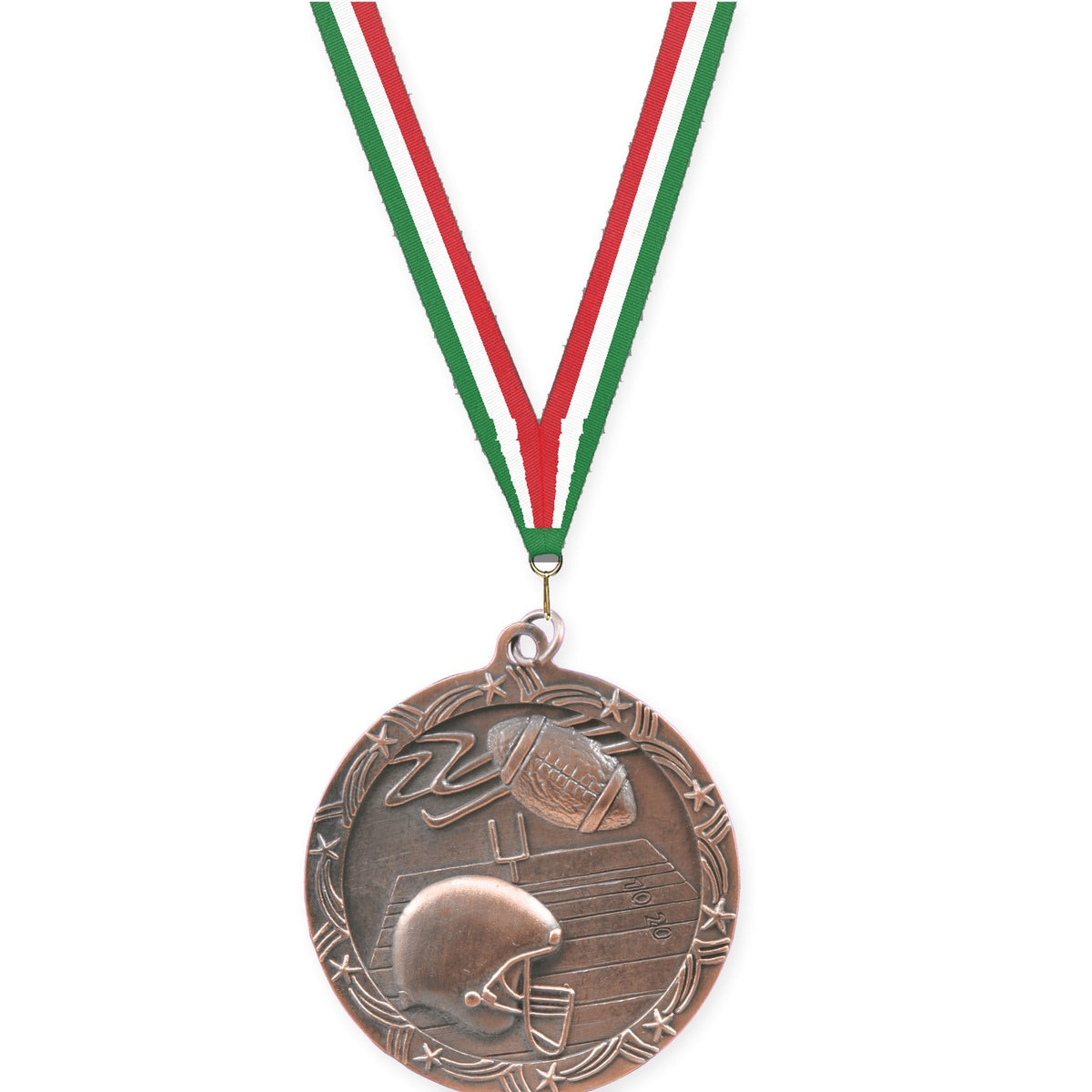 2 1/2 inch football Shooting Star medal in antique bronze with Green White Red neck ribbon