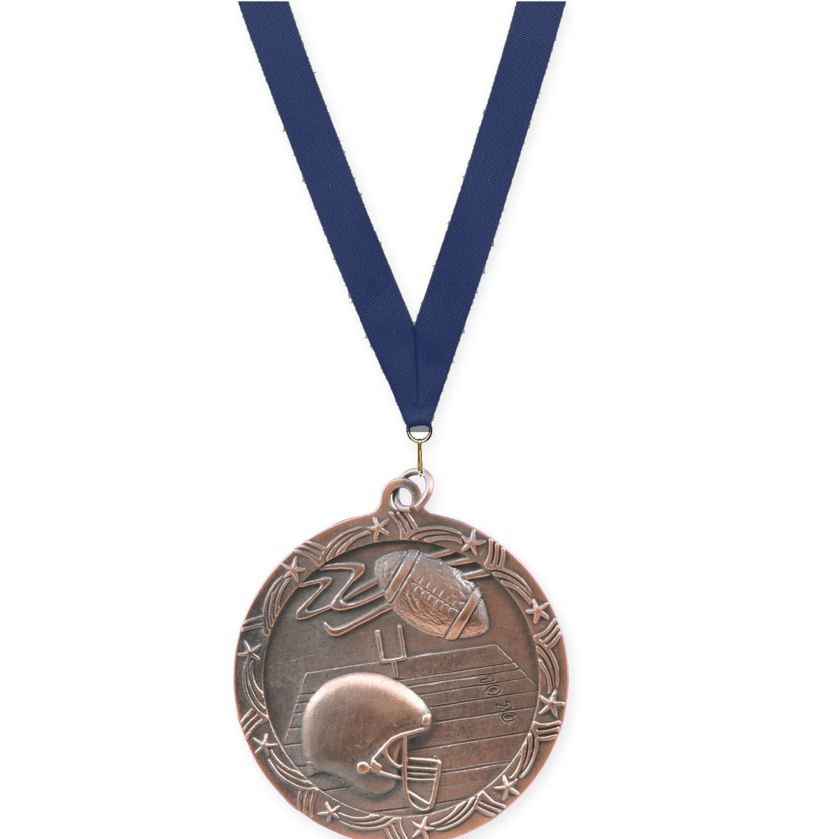 2 1/2 inch football Shooting Star medal in antique bronze with Navy neck ribbon