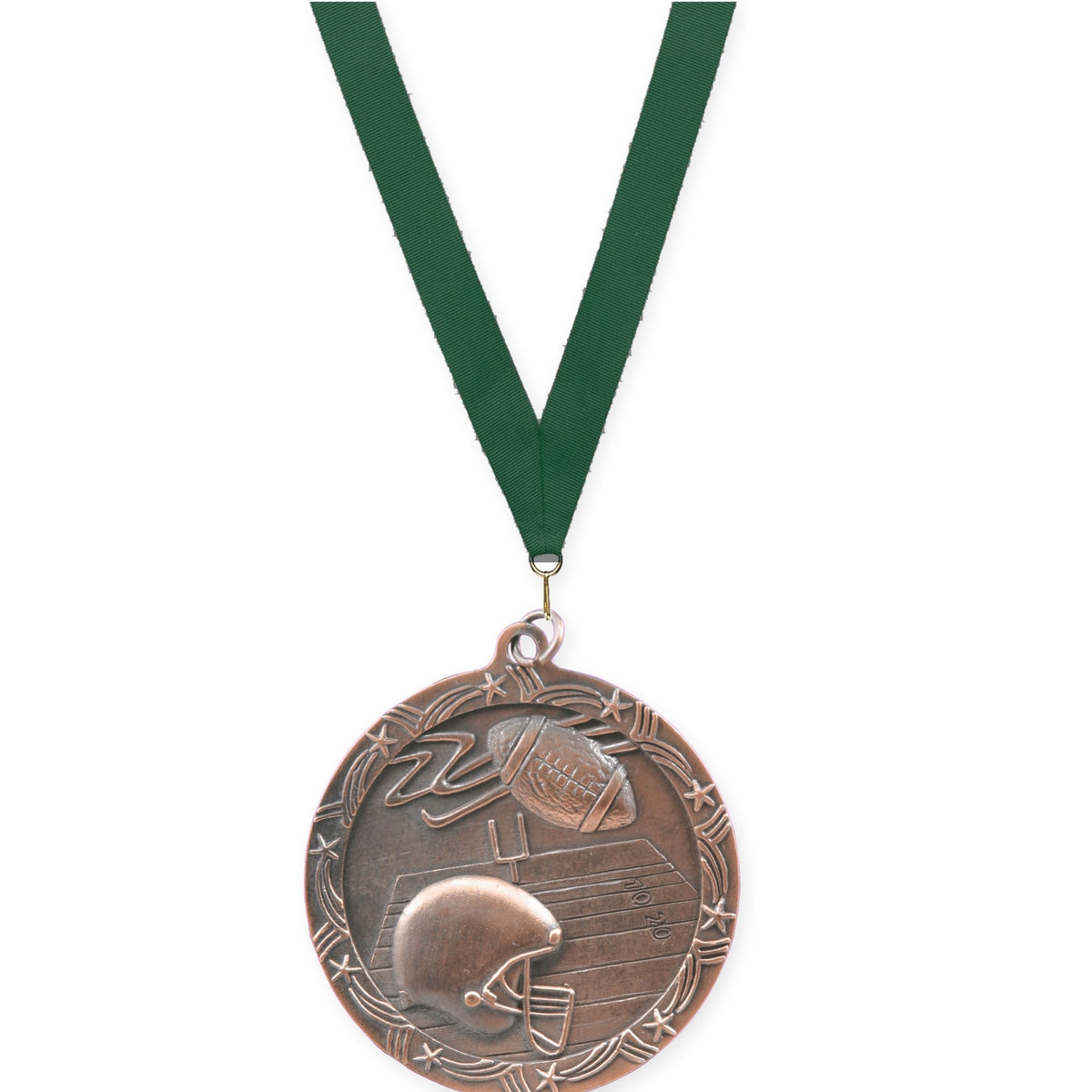 2 1/2 inch football Shooting Star medal in antique bronze with Hunter Green neck ribbon