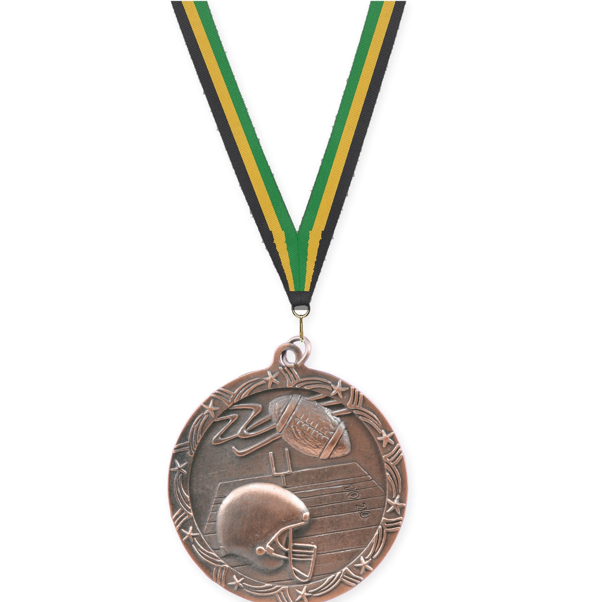 2 1/2 inch football Shooting Star medal in antique bronze with Black Gold Green neck ribbon