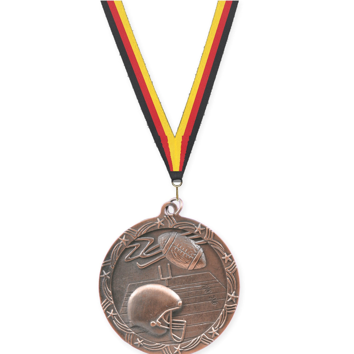 2 1/2 inch football Shooting Star medal in antique bronze with Black Red Yellow neck ribbon