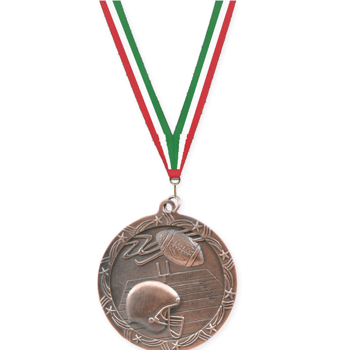 2 1/2 inch football Shooting Star medal in antique bronze with Red White Green neck ribbon