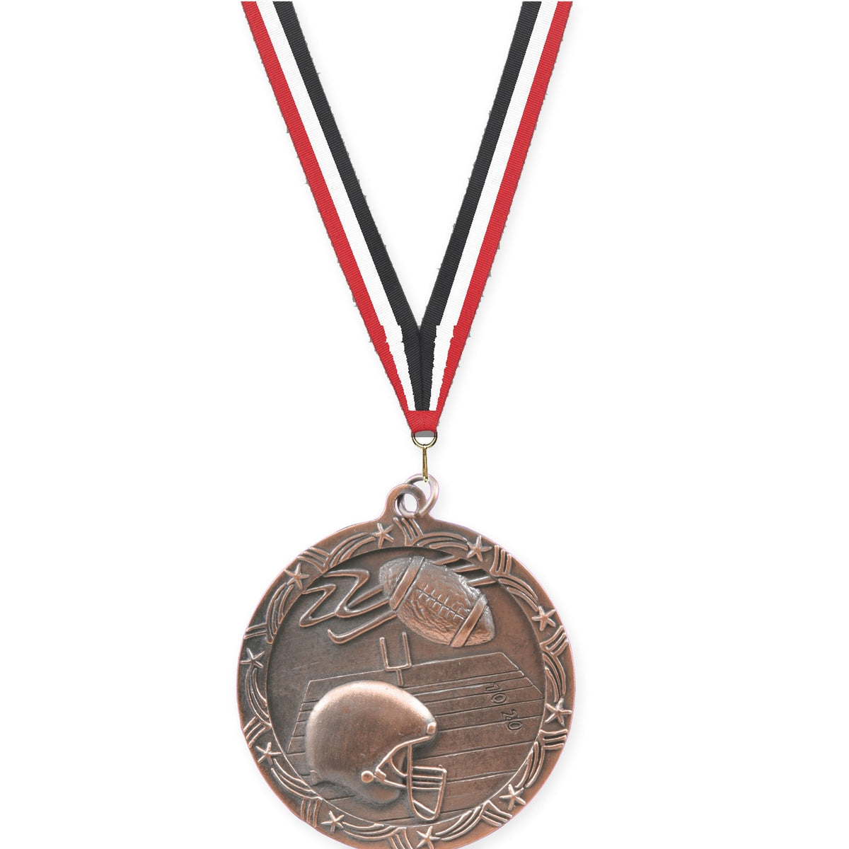2 1/2 inch football Shooting Star medal in antique bronze with Red White Black neck ribbon