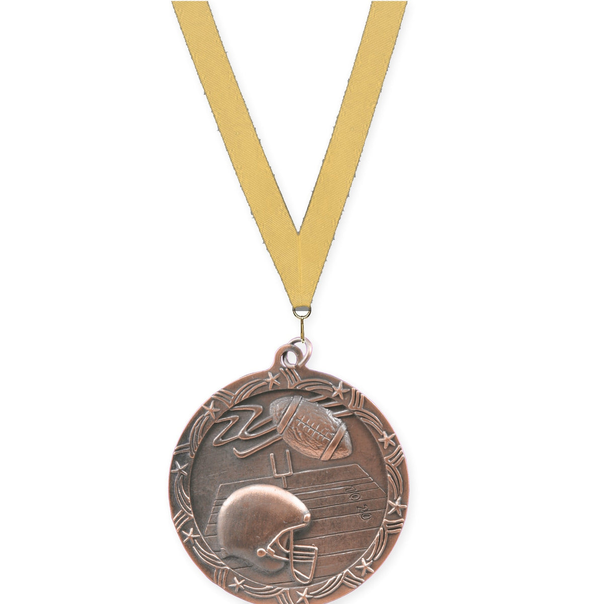 2 1/2 inch football Shooting Star medal in antique bronze with Gold Metallic neck ribbon