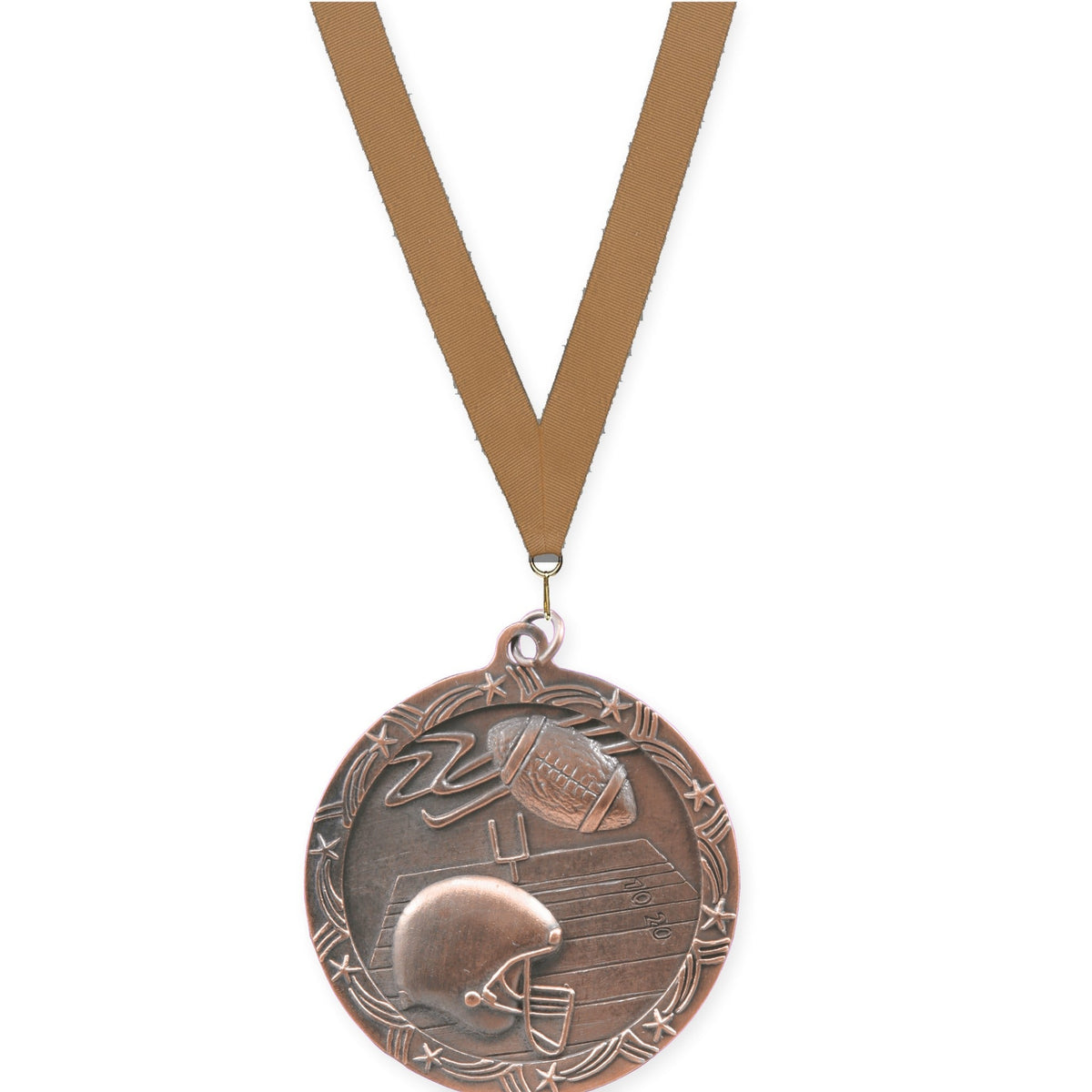 2 1/2 inch football Shooting Star medal in antique bronze with Bronze Metallic neck ribbon