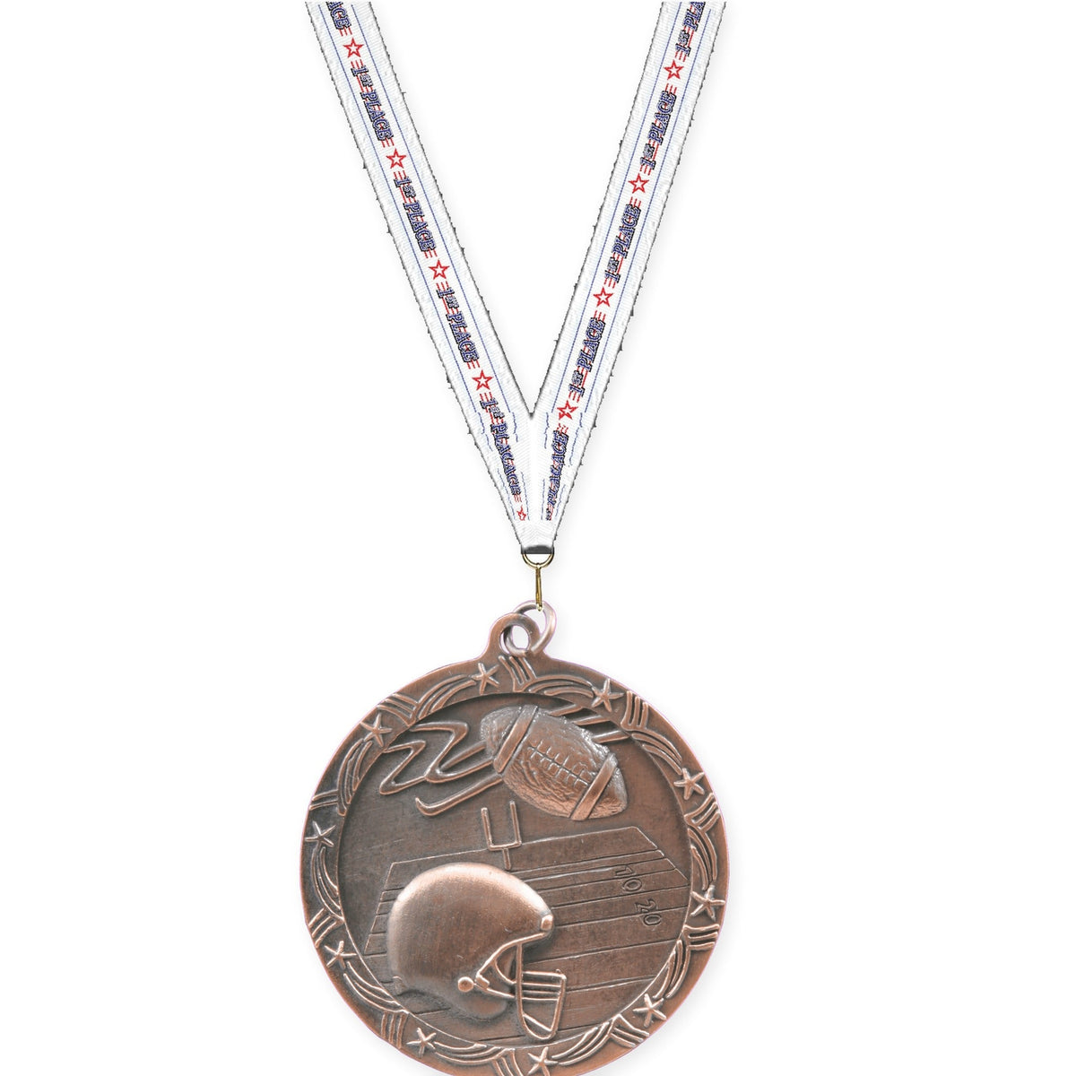 2 1/2 inch football Shooting Star medal in antique bronze with 1st Place neck ribbon