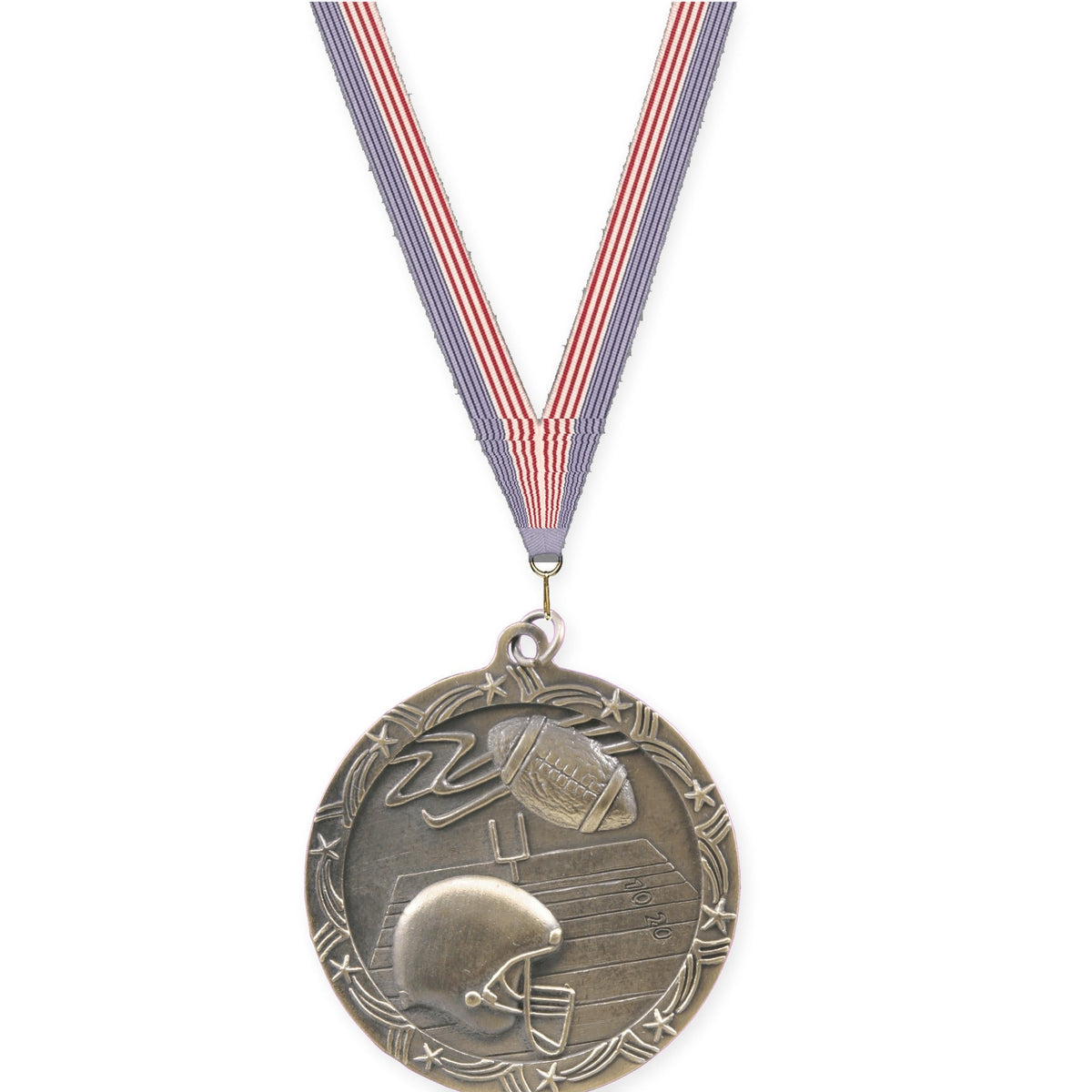 2 1/2 inch football Shooting Star medal in antique gold with USA Flag neck ribbon