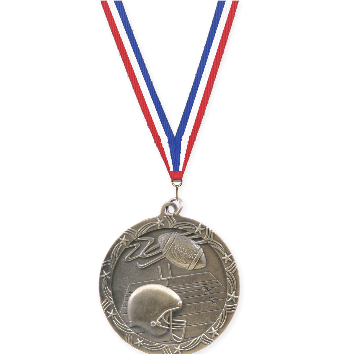 2 1/2 inch football Shooting Star medal in antique gold with Red White Blue neck ribbon