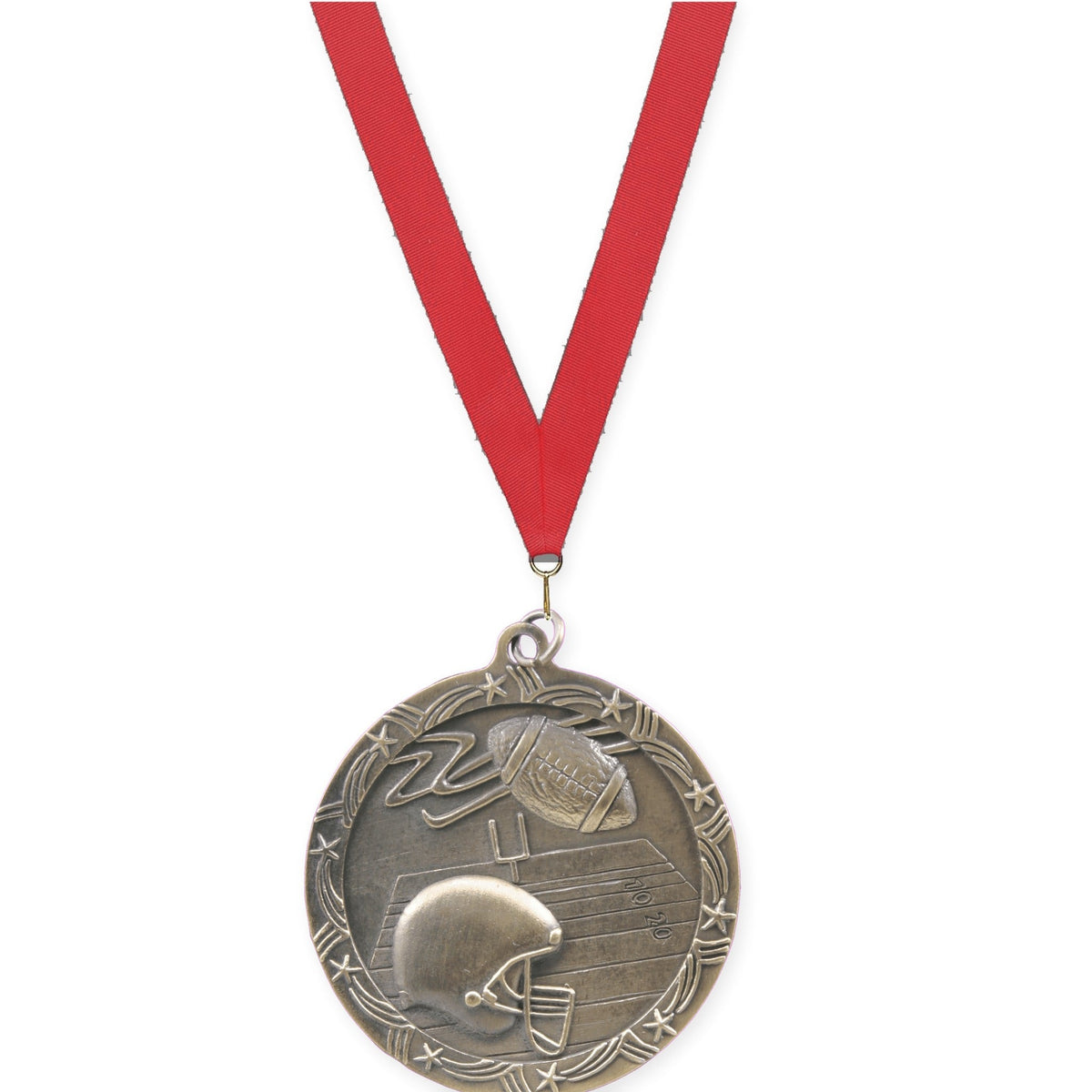 2 1/2 inch football Shooting Star medal in antique gold with Red neck ribbon