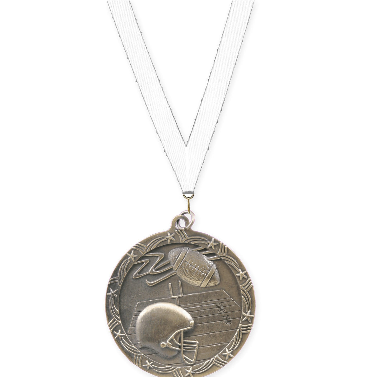 2 1/2 inch football Shooting Star medal in antique gold with White neck ribbon