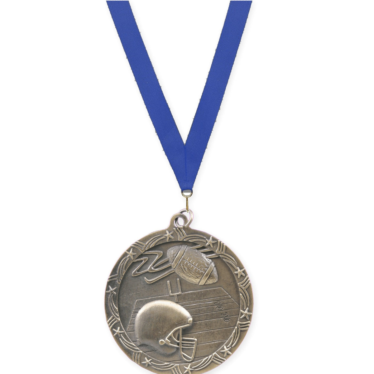 2 1/2 inch football Shooting Star medal in antique gold with Blue neck ribbon