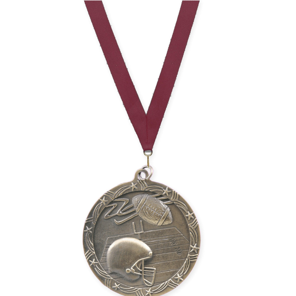 2 1/2 inch football Shooting Star medal in antique gold with Maroon neck ribbon