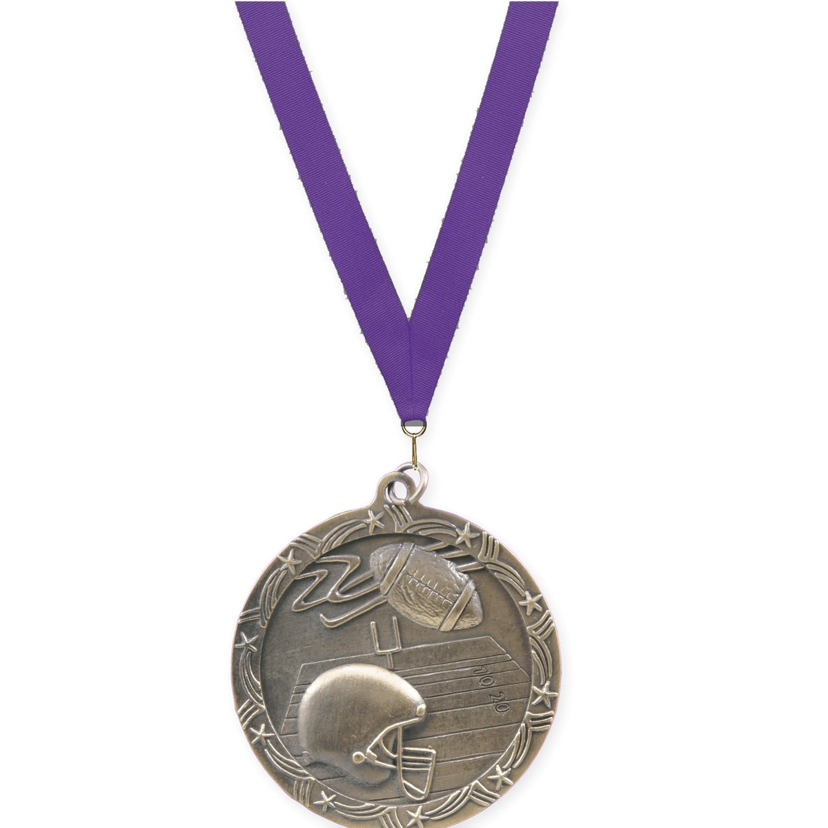 2 1/2 inch football Shooting Star medal in antique gold with Purple neck ribbon