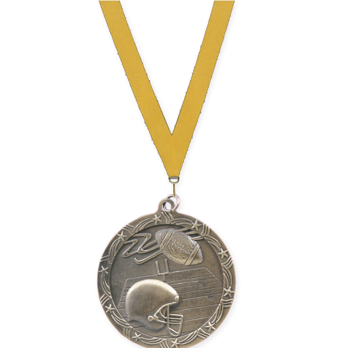2 1/2 inch football Shooting Star medal in antique gold with Gold neck ribbon