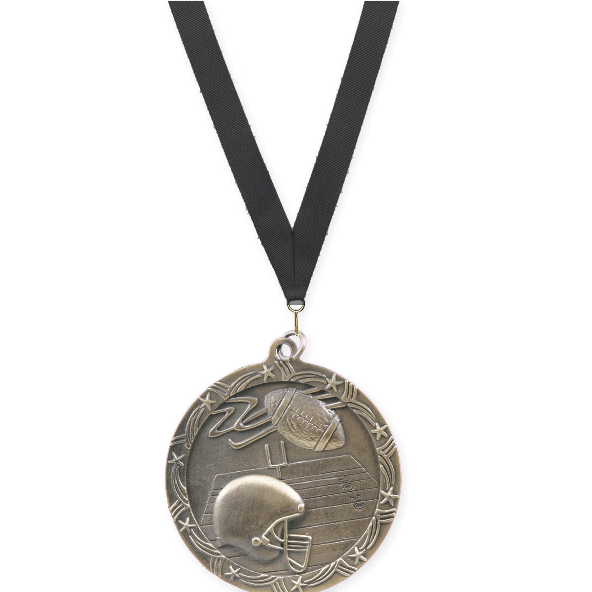 2 1/2 inch football Shooting Star medal in antique gold with Black neck ribbon
