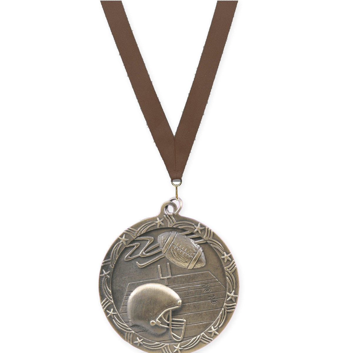 2 1/2 inch football Shooting Star medal in antique gold with Brown neck ribbon