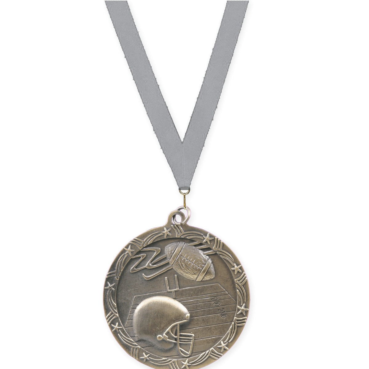 2 1/2 inch football Shooting Star medal in antique gold with Gray neck ribbon