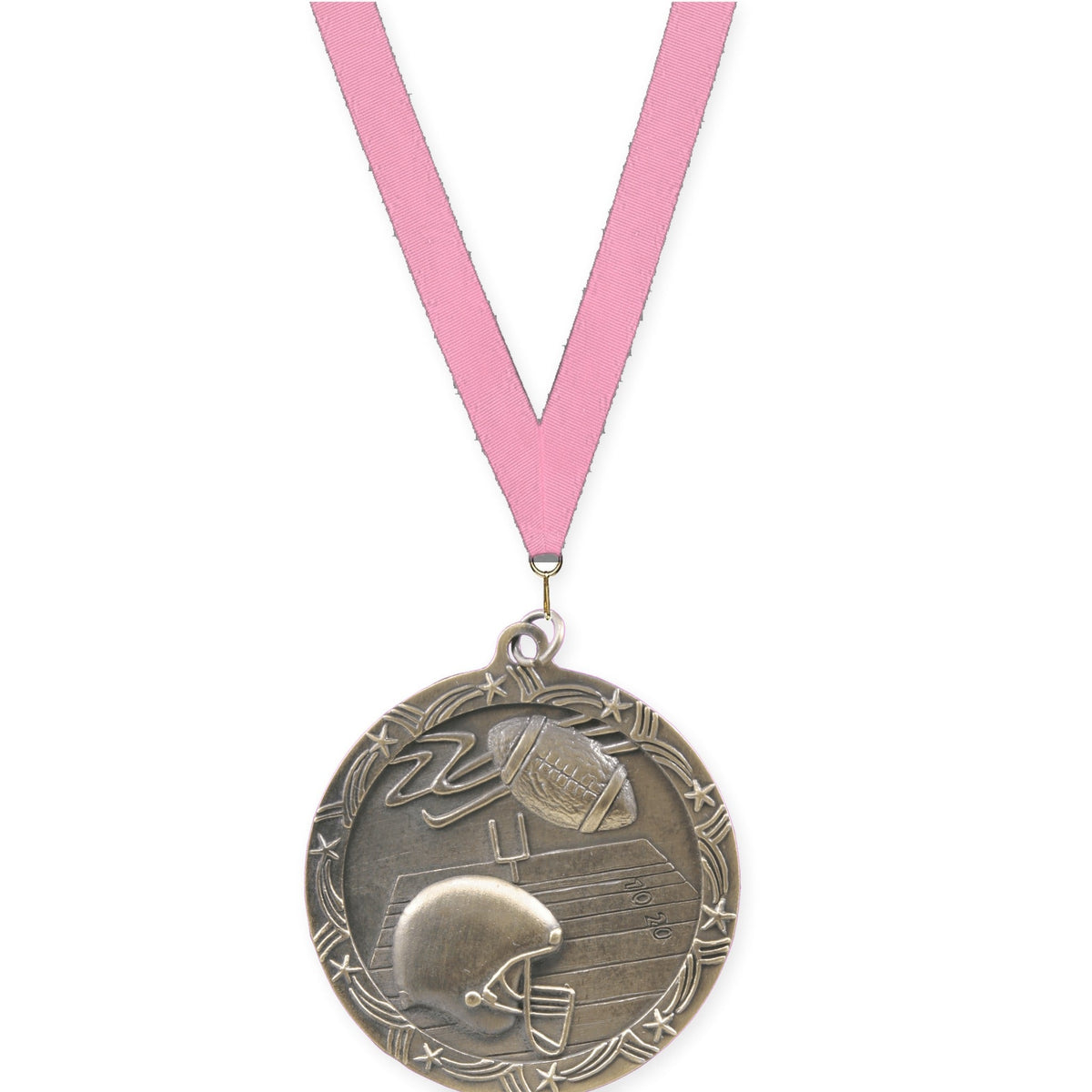 2 1/2 inch football Shooting Star medal in antique gold with Pink neck ribbon