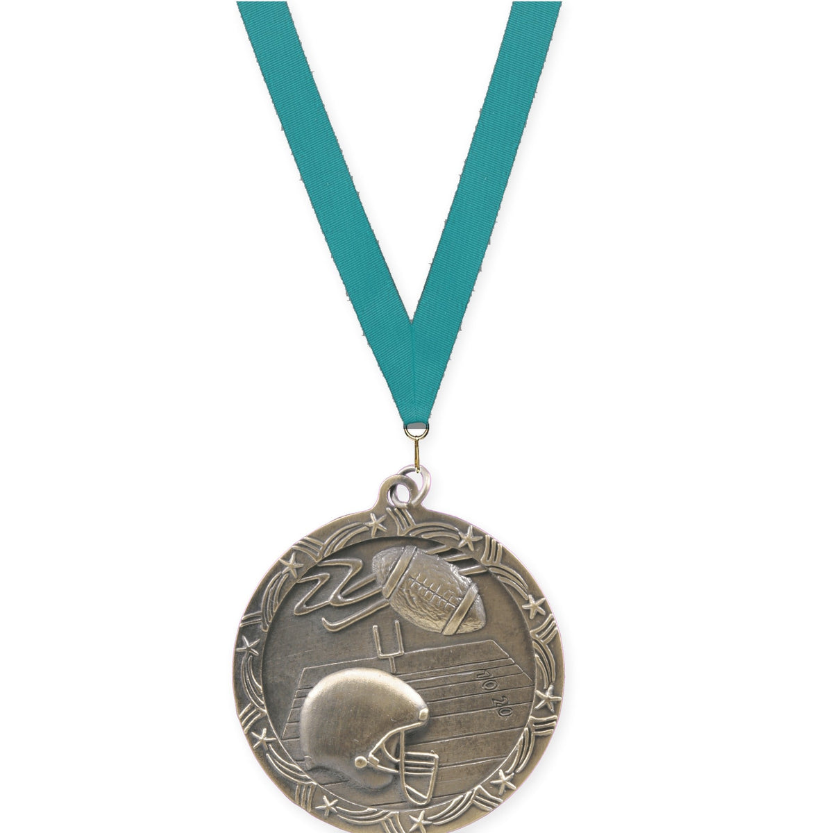 2 1/2 inch football Shooting Star medal in antique gold with Teal neck ribbon
