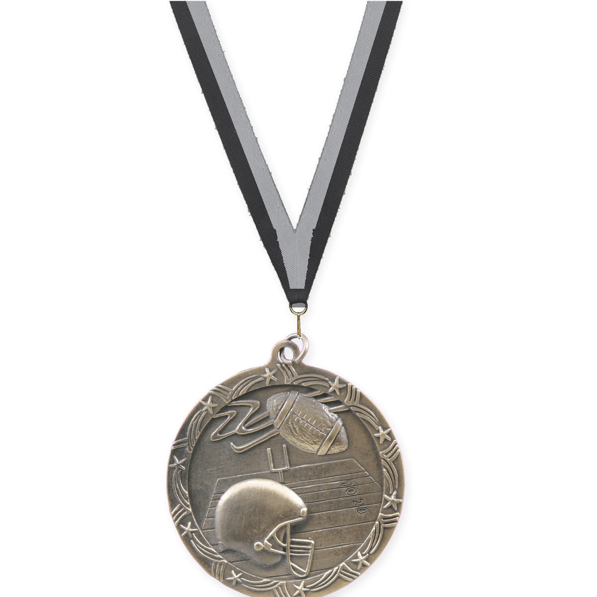 2 1/2 inch football Shooting Star medal in antique gold with Black Gray neck ribbon