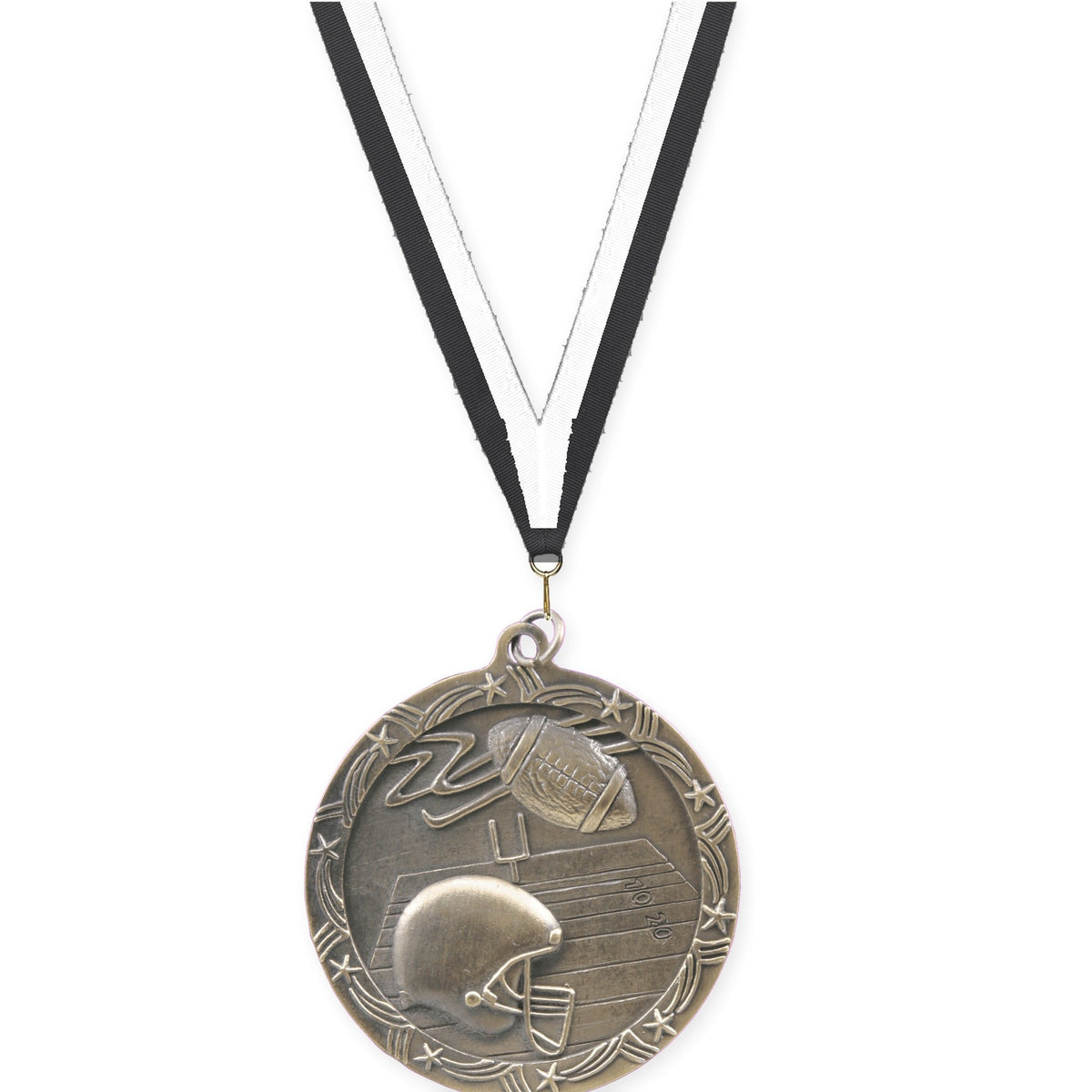 2 1/2 inch football Shooting Star medal in antique gold with Black White neck ribbon