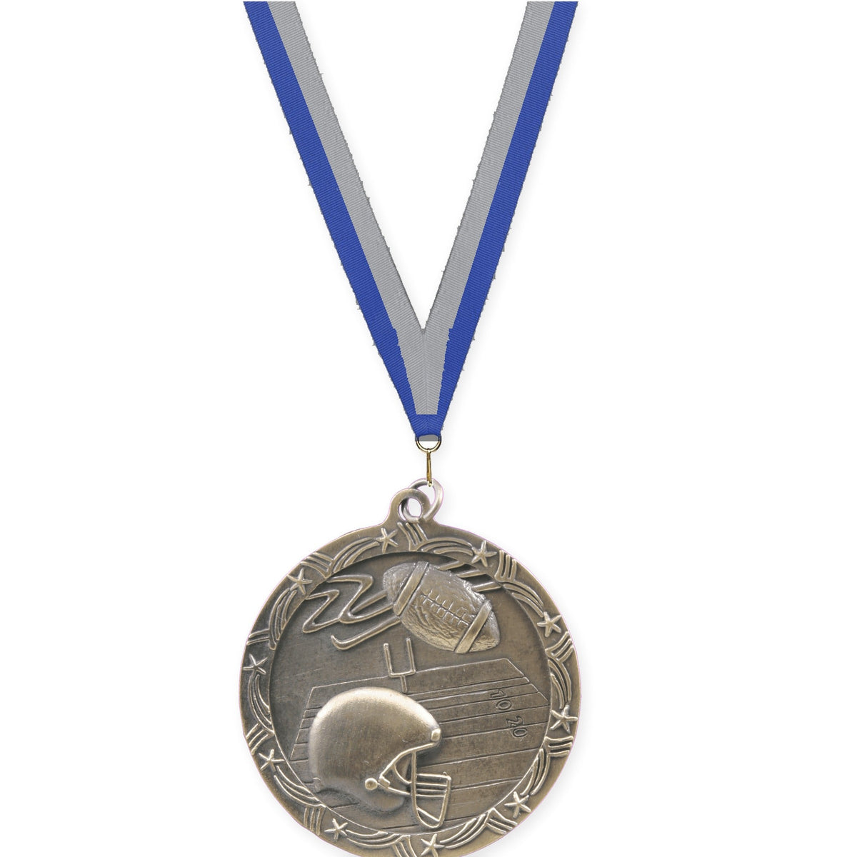 2 1/2 inch football Shooting Star medal in antique gold with Blue Gray neck ribbon