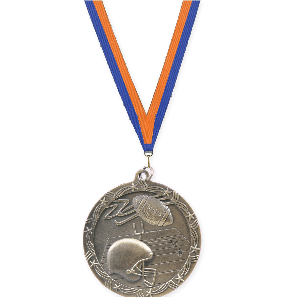 2 1/2 inch football Shooting Star medal in antique gold with Blue Orange neck ribbon