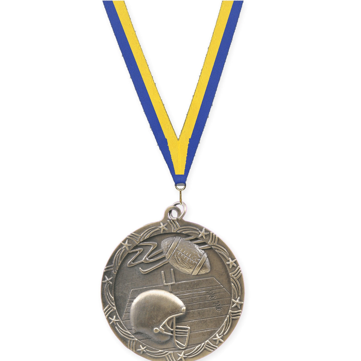 2 1/2 inch football Shooting Star medal in antique gold with Blue Yellow neck ribbon