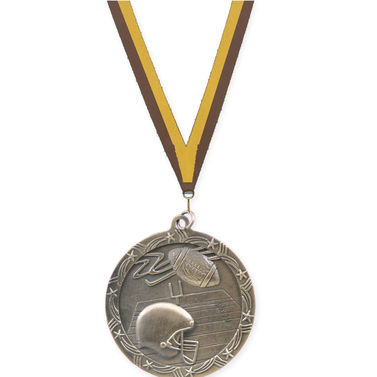 2 1/2 inch football Shooting Star medal in antique gold with Brown Gold neck ribbon