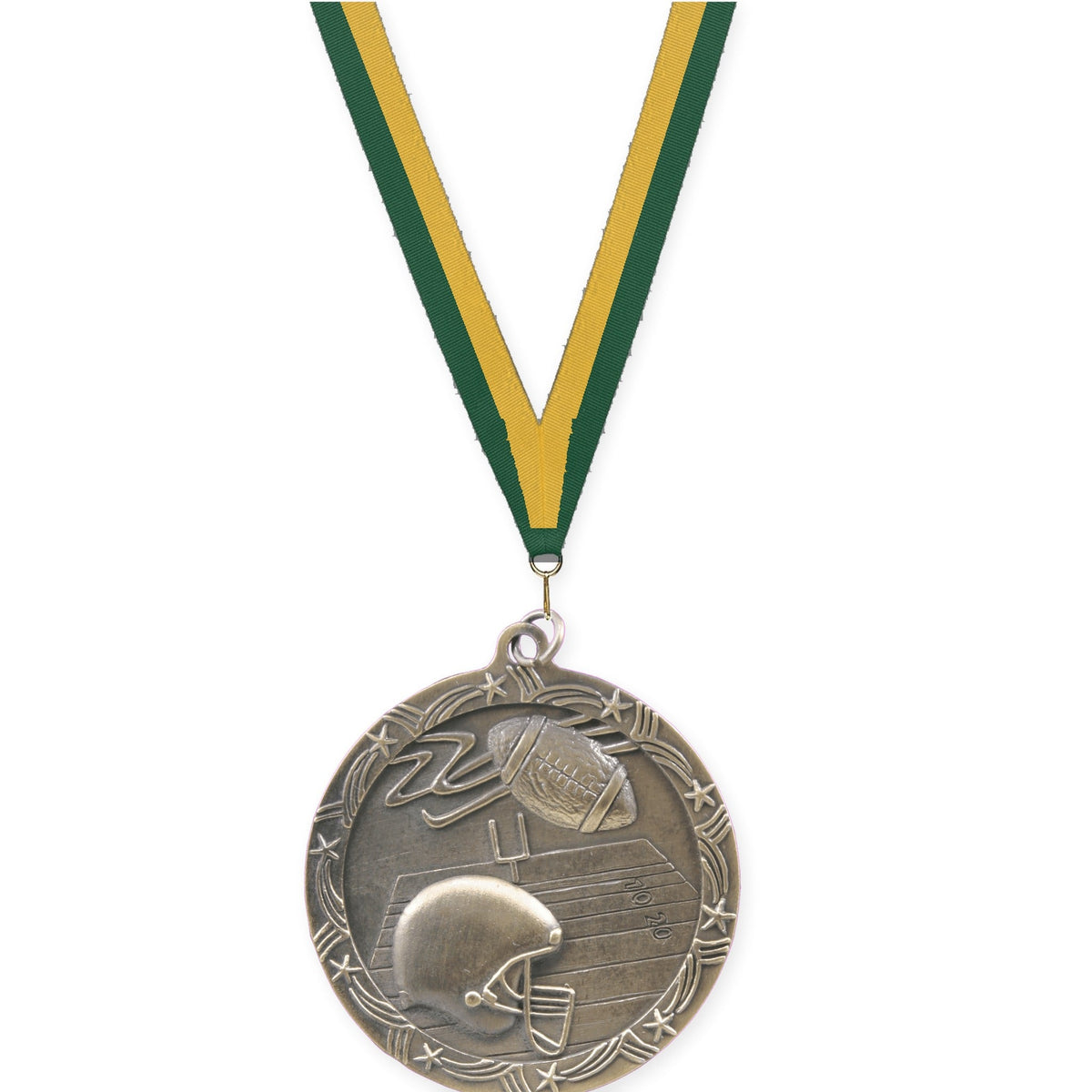 2 1/2 inch football Shooting Star medal in antique gold with Hunter Green Gold neck ribbon