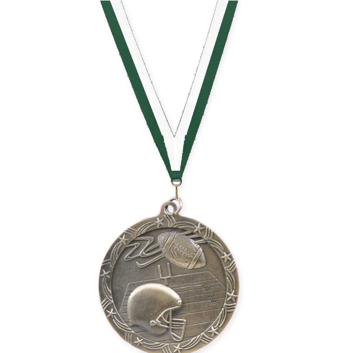 2 1/2 inch football Shooting Star medal in antique gold with Hunter Green White neck ribbon